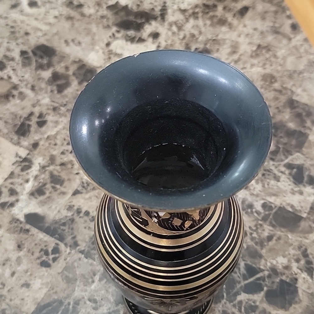 Vintage Black and Gold Brass Vase | Hand Etched Floral Solid Brass BH - Picture 2 of 7